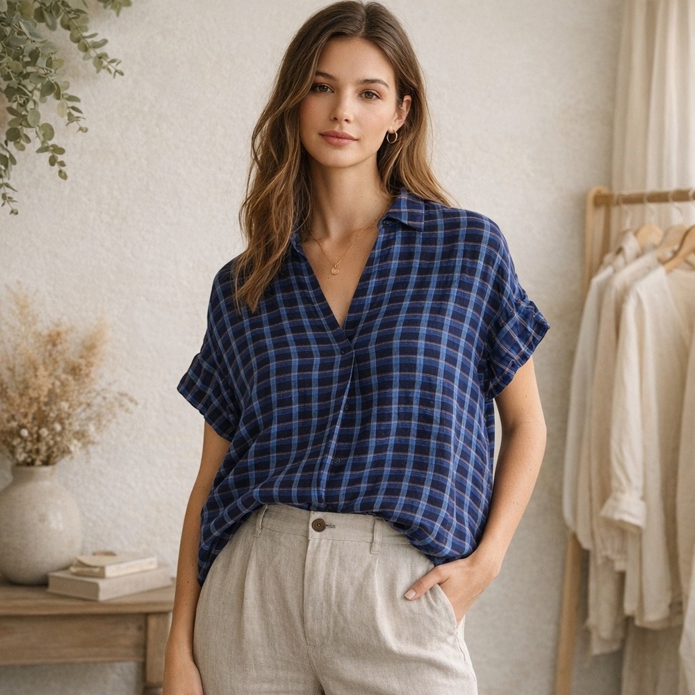 Madewell Courier Shirt Womens Blue Plaid Short Sleeve Cotton V-Neck Blouse